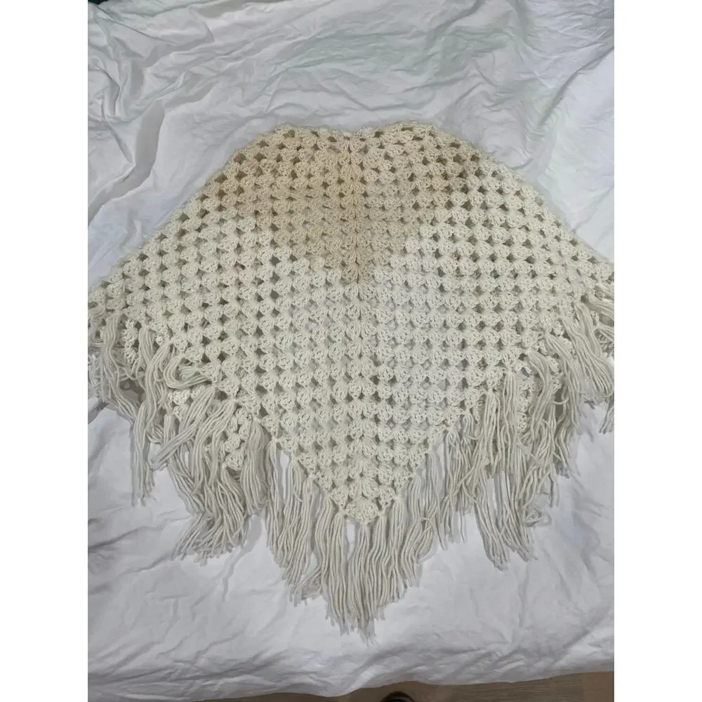 Vintage 70s Fringed Handmade Crocheted White & Cream Blanket Shawl Wrap